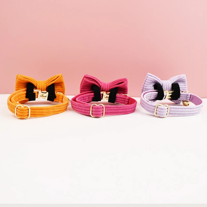 Corduroy Cat Collar with Name Plate Bell Bow Tie Personalized Custom Engraved Cat Collars for Cats