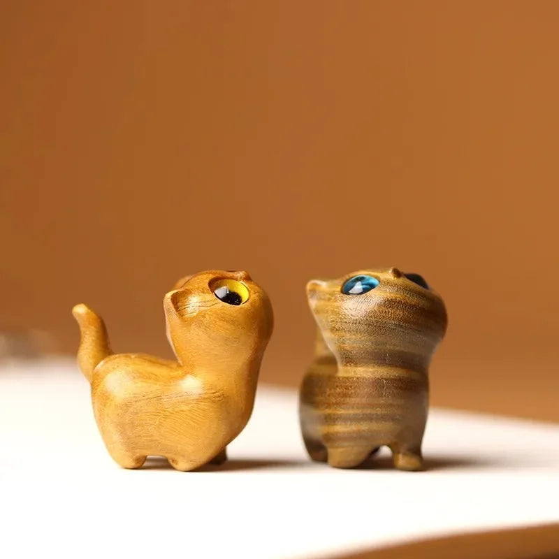 Cute Small Wooden Cats Figurine Handmade Carving Cats Home Decoration Figurine Gift Cats Accessories Decoration Crafts Figurines
