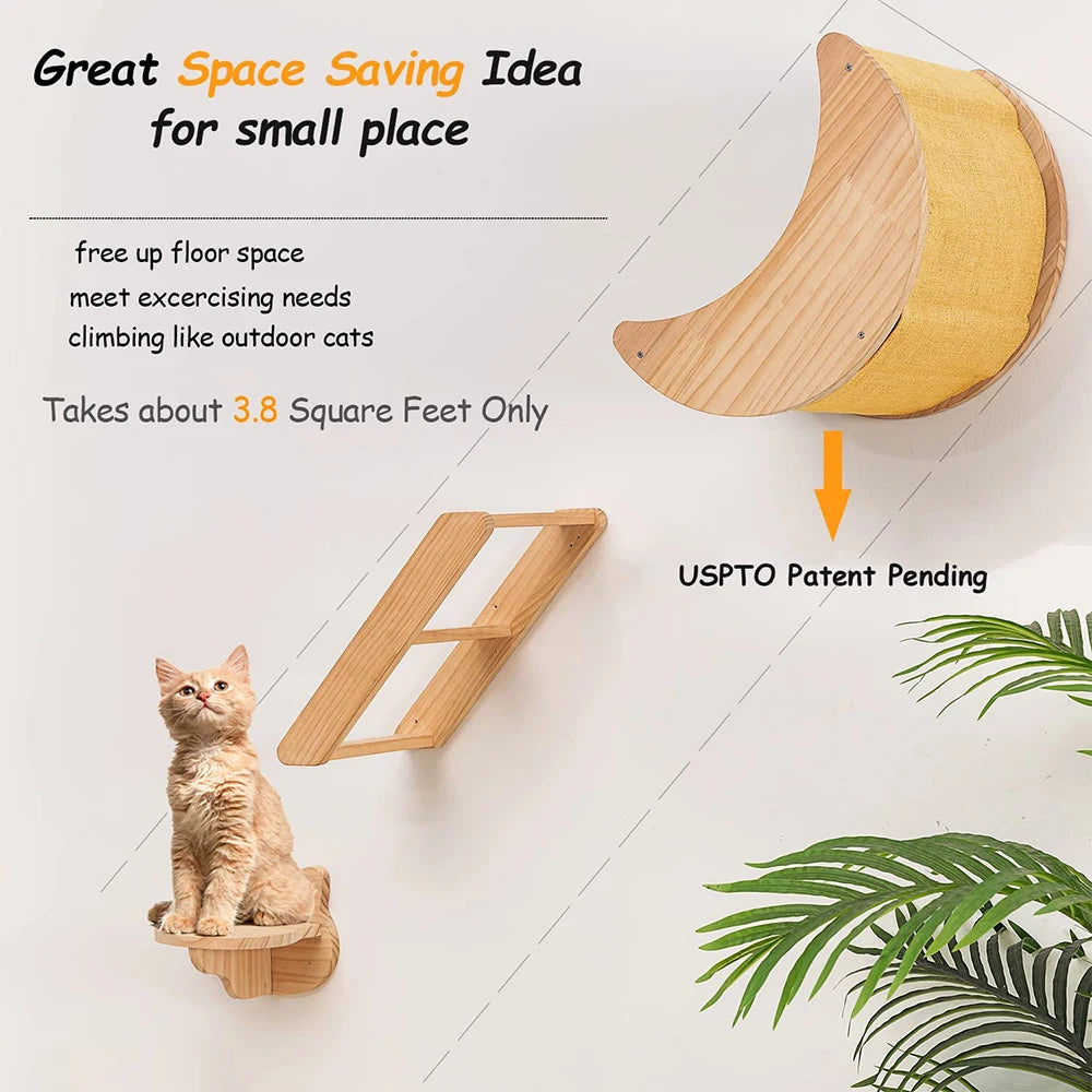 Cat Shelf Wall Hammock Climbing Shelves Moon Shaped And Perches Ladder Solid Wood Steps For Activity Indoor Cats Wall Furniture