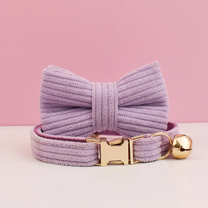 Corduroy Cat Collar with Name Plate Bell Bow Tie Personalized Custom Engraved Cat Collars for Cats