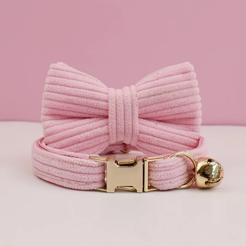 Corduroy Cat Collar with Name Plate Bell Bow Tie Personalized Custom Engraved Cat Collars for Cats