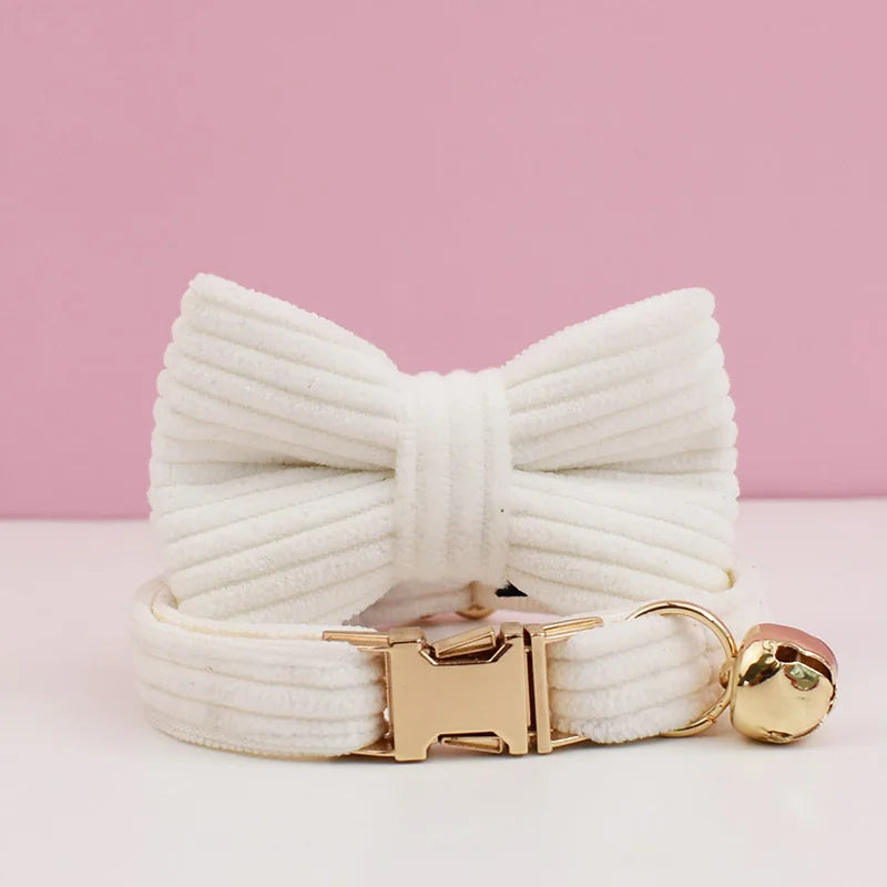 Corduroy Cat Collar with Name Plate Bell Bow Tie Personalized Custom Engraved Cat Collars for Cats