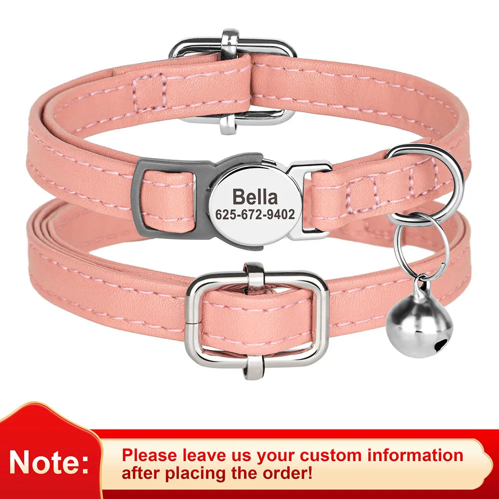 Custom Cat Collar PU Leather Cats Collars Necklace Safety Breakaway Pet Kitten Puppy Collars Anti-lost for Cats Free Engraved