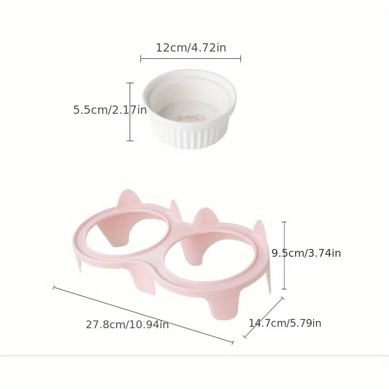 Pet ceramic feeding bowl, double bowl, inclined angle to hold food and water, protect the cat's cervical spine.