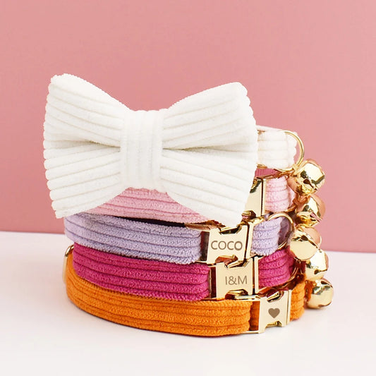 Corduroy Cat Collar with Name Plate Bell Bow Tie Personalized Custom Engraved Cat Collars for Cats