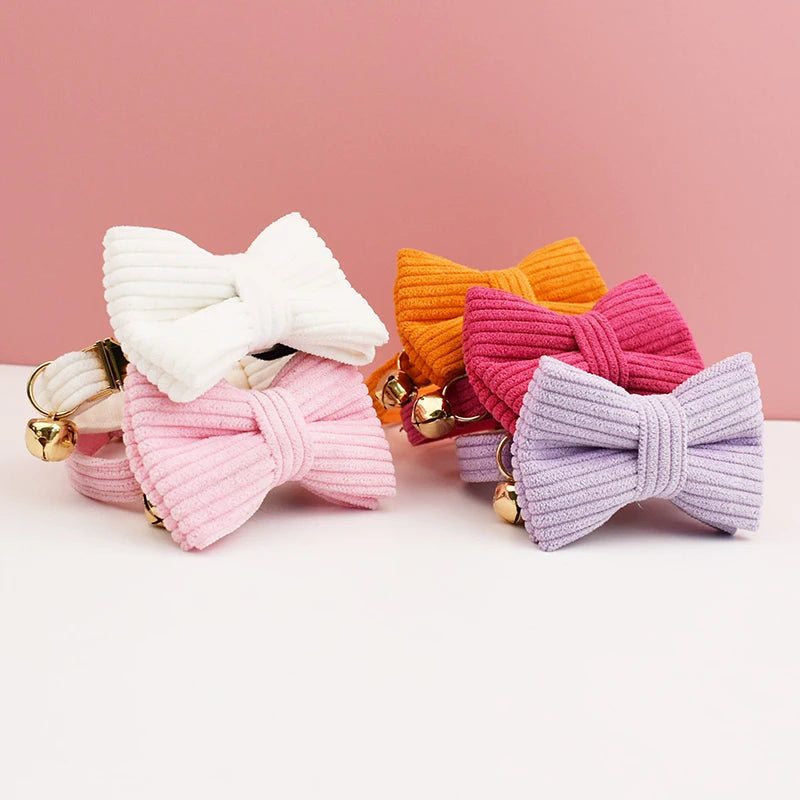 Corduroy Cat Collar with Name Plate Bell Bow Tie Personalized Custom Engraved Cat Collars for Cats