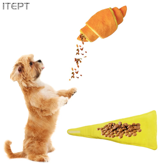 Plush Croissant Dog Toy, Interactive Squeaky Treat Dispensing Pet Plaything, Durable Soft Stuffed Animal,for Small to Medium Dog
