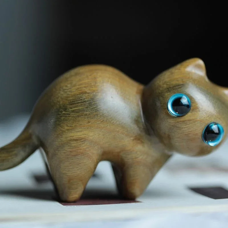 Cute Small Wooden Cats Figurine Handmade Carving Cats Home Decoration Figurine Gift Cats Accessories Decoration Crafts Figurines