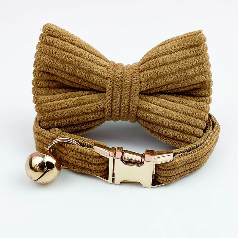 Corduroy Cat Collar with Name Plate Bell Bow Tie Personalized Custom Engraved Cat Collars for Cats