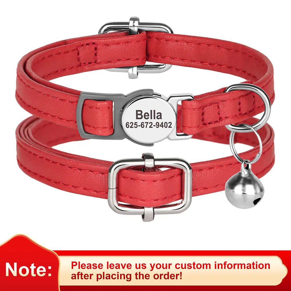 Custom Cat Collar PU Leather Cats Collars Necklace Safety Breakaway Pet Kitten Puppy Collars Anti-lost for Cats Free Engraved
