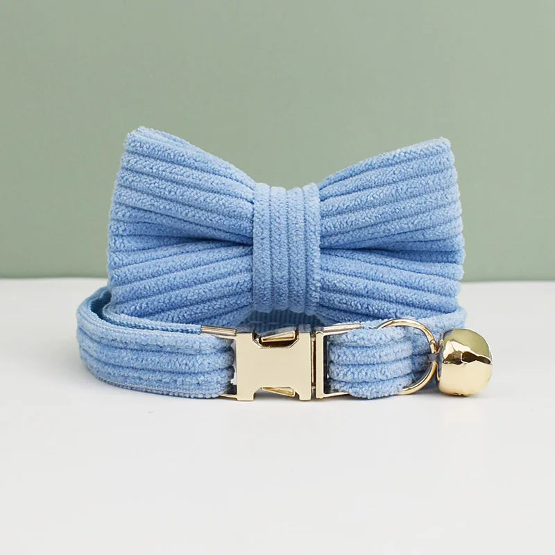 Corduroy Cat Collar with Name Plate Bell Bow Tie Personalized Custom Engraved Cat Collars for Cats