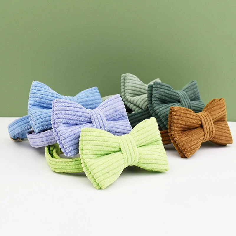 Corduroy Cat Collar with Name Plate Bell Bow Tie Personalized Custom Engraved Cat Collars for Cats