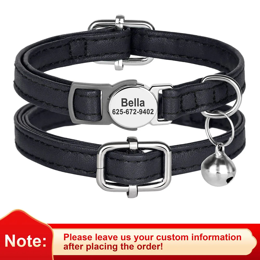 Custom Cat Collar PU Leather Cats Collars Necklace Safety Breakaway Pet Kitten Puppy Collars Anti-lost for Cats Free Engraved