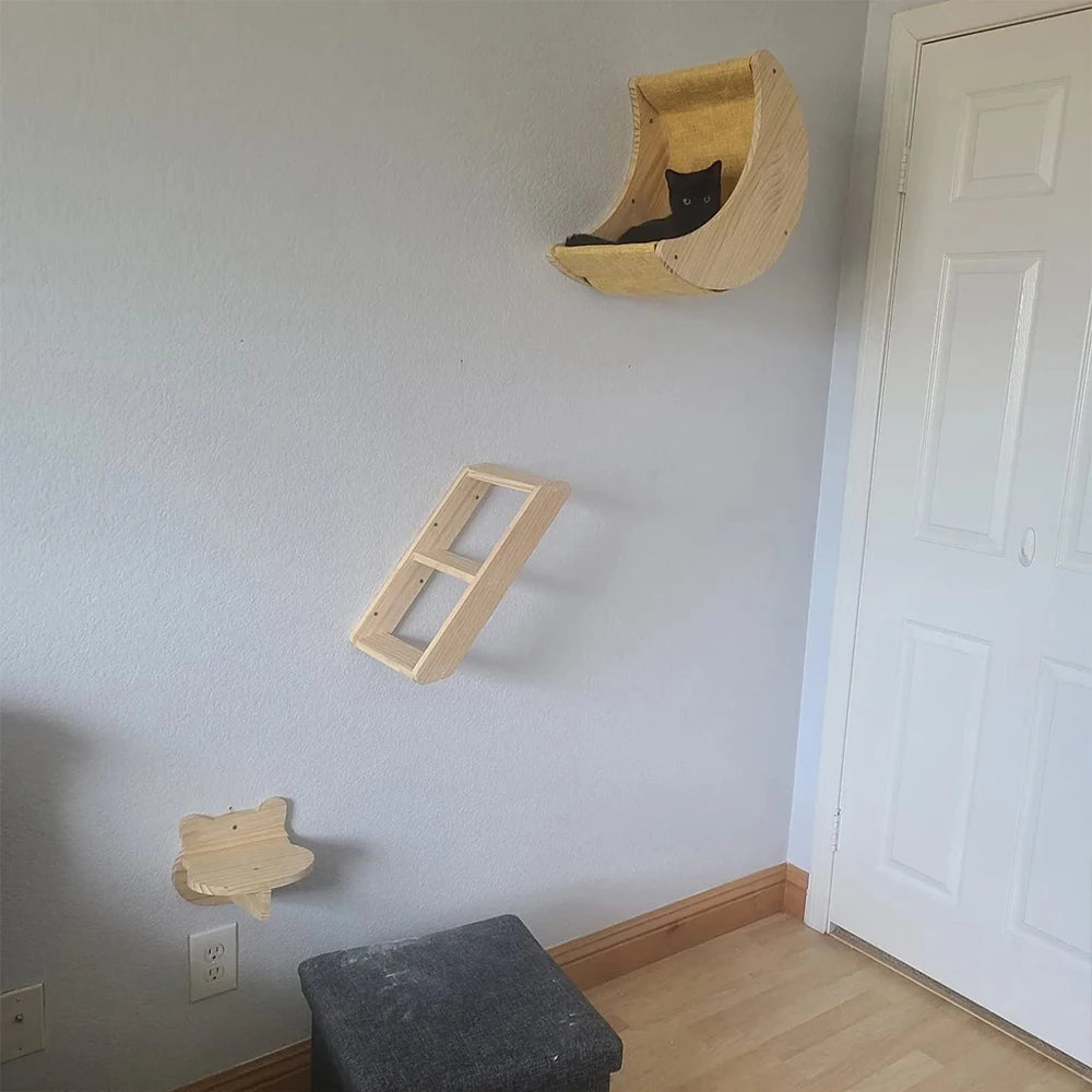 Cat Shelf Wall Hammock Climbing Shelves Moon Shaped And Perches Ladder Solid Wood Steps For Activity Indoor Cats Wall Furniture