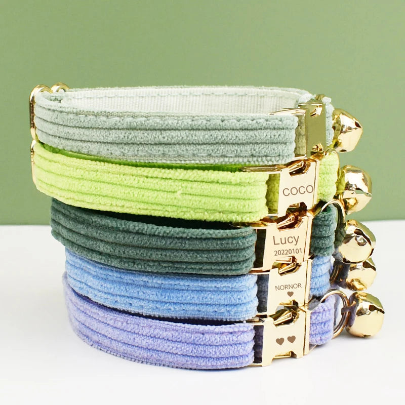 Corduroy Cat Collar with Name Plate Bell Bow Tie Personalized Custom Engraved Cat Collars for Cats