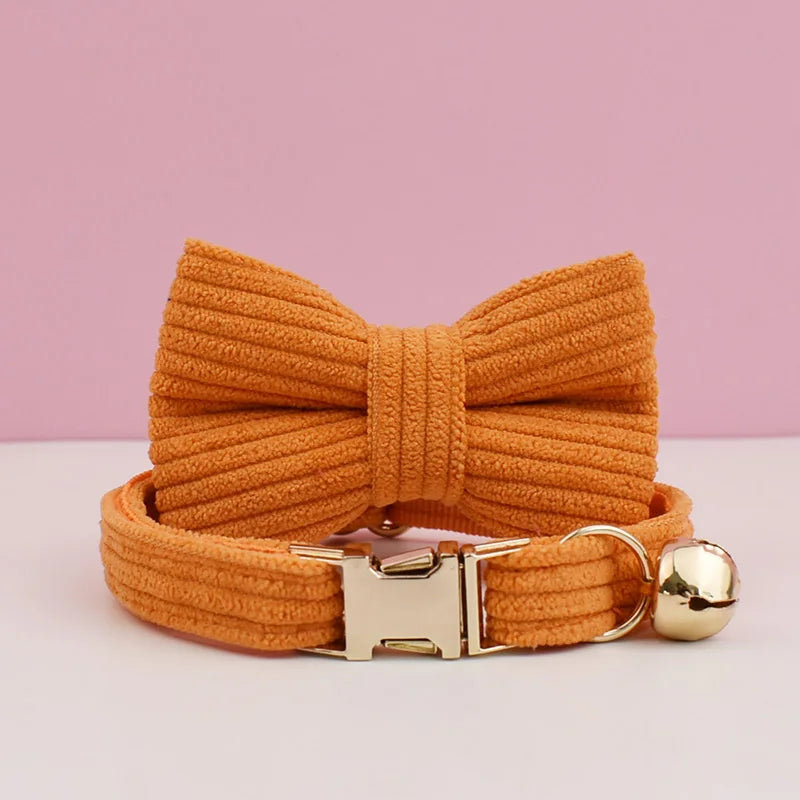 Corduroy Cat Collar with Name Plate Bell Bow Tie Personalized Custom Engraved Cat Collars for Cats