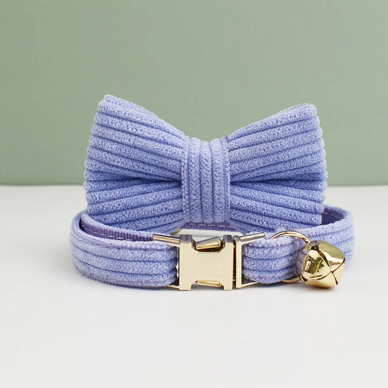 Corduroy Cat Collar with Name Plate Bell Bow Tie Personalized Custom Engraved Cat Collars for Cats